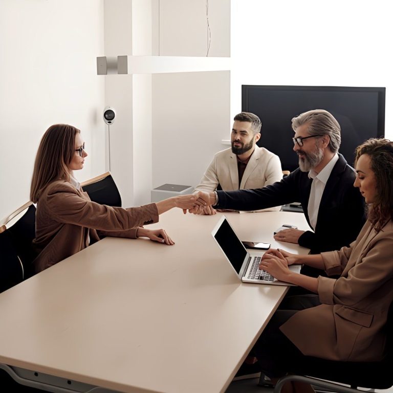 A group of 4 people wokring around a white table in a meeting room, a customer an client shake hands across the table with a smile.