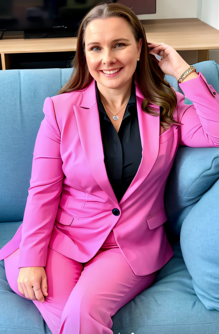 Portrait photo of Clair Bond with Born hair sitting on a light blue sofa wearing a bright pink smart business suit and a dark blue shirt.